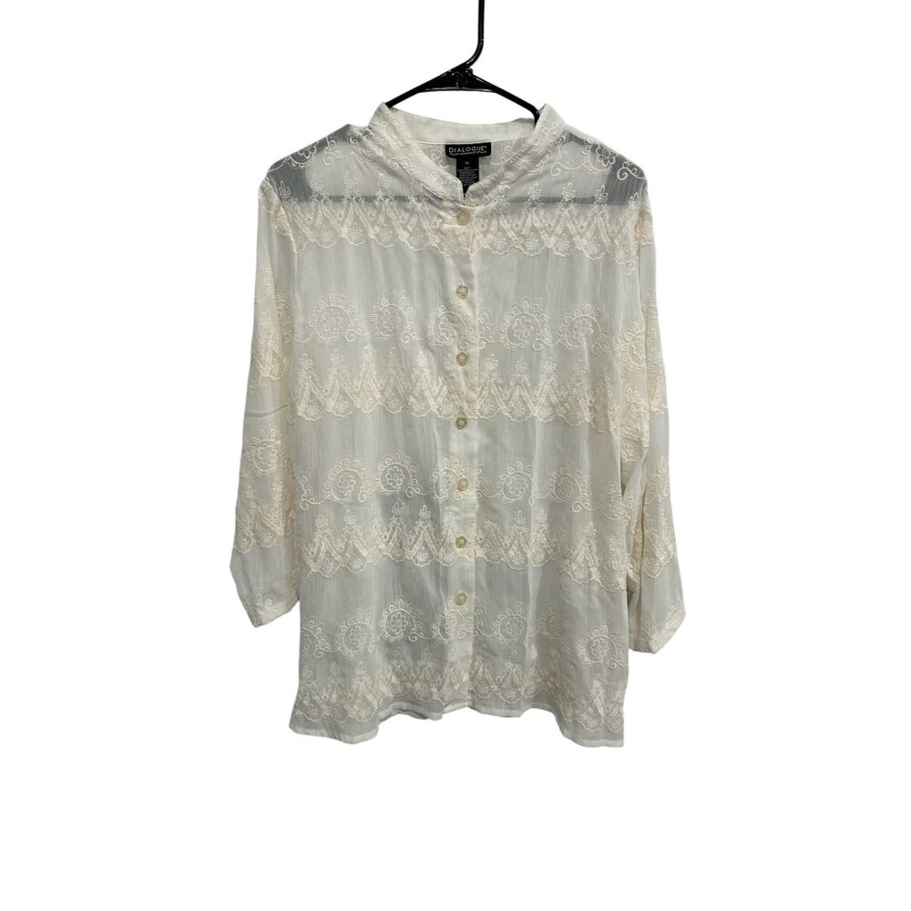 Dialogue Sheer Embroidered Shirt Ivory Button Up 3/4 Sleeve Mandarin Collar Boho